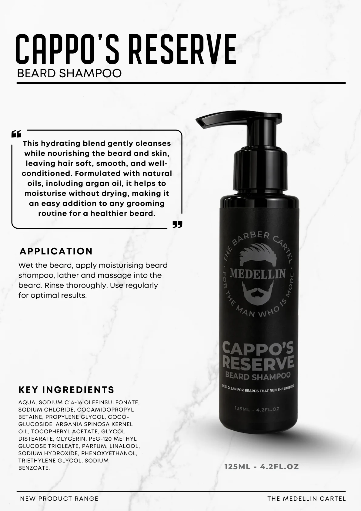 Original product guide for Cappo’s Reserve Beard Shampoo